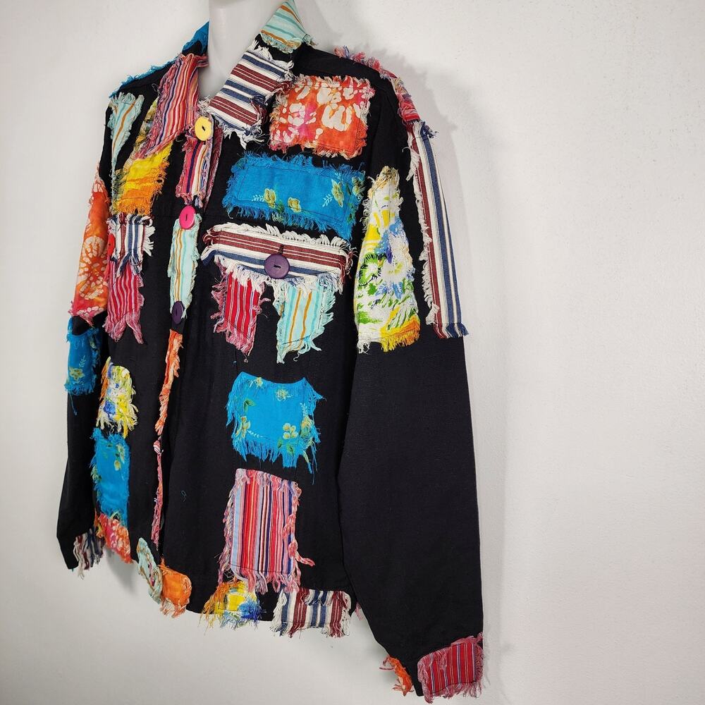 Vtg New Direction Patchwork Jacket Black Cotton Button Medium Colorful Artsy 90s - Picture 5 of 12